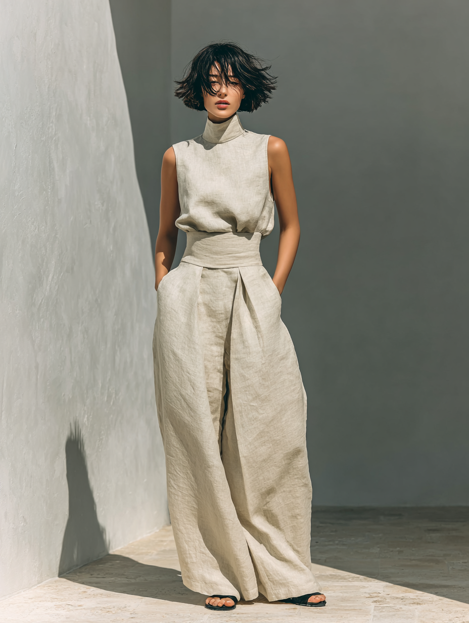 Emma | Sleeveless blouse and trousers in a cotton-linen blend.