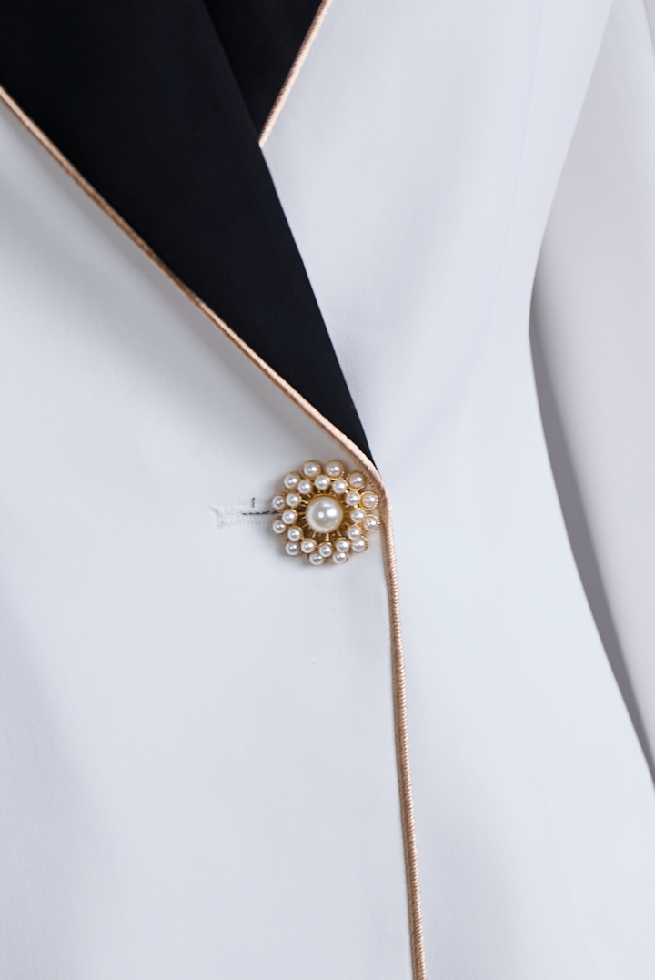 Ludmilla | Elegant Asymmetrical White Blazer with Black Contrast Lapels