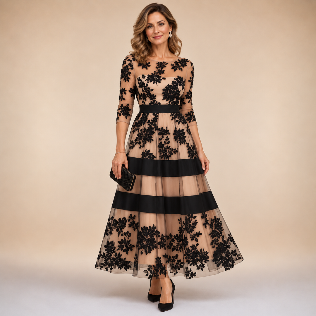 Isabel | Floral Lace Midi Evening Dress