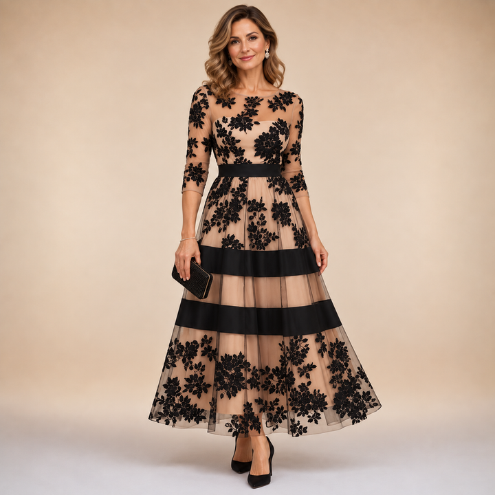 Isabel | Floral Lace Midi Evening Dress