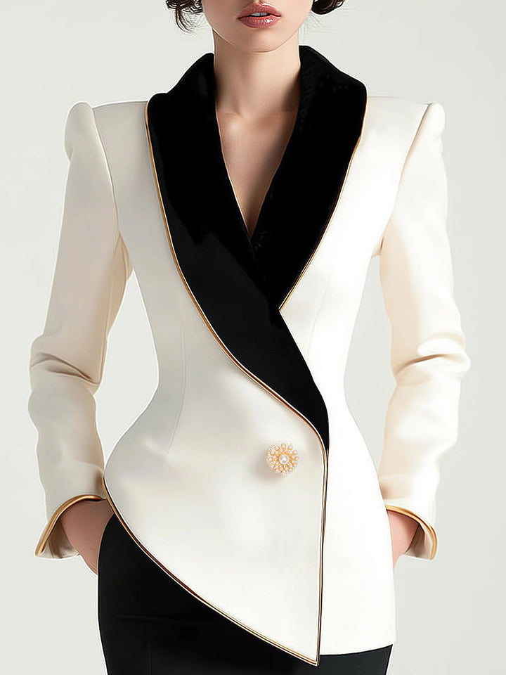 Ludmilla | Elegant Asymmetrical White Blazer with Black Contrast Lapels