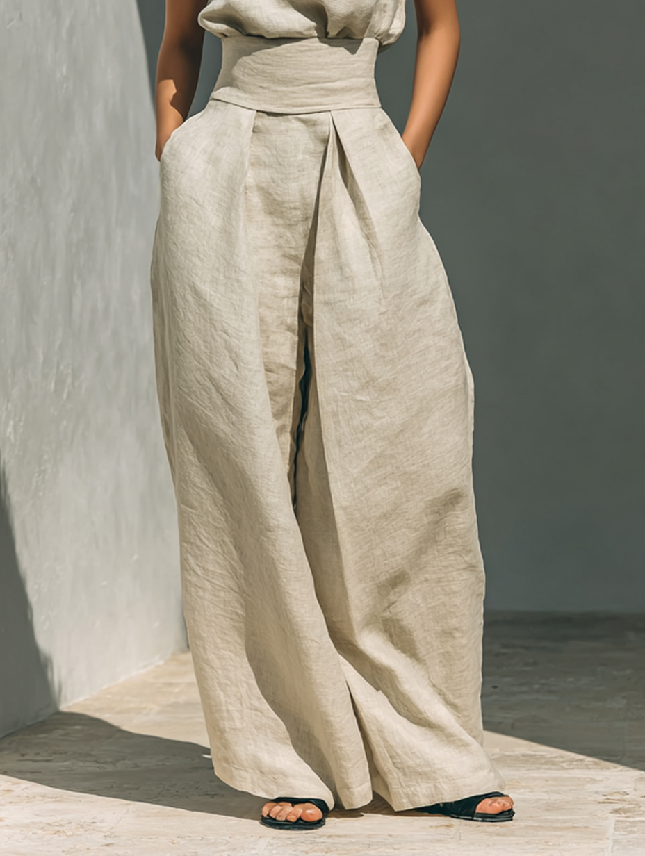 Emma | Sleeveless blouse and trousers in a cotton-linen blend.