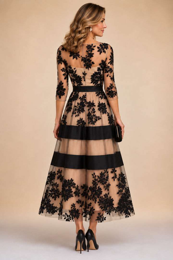 Isabel | Floral Lace Midi Evening Dress