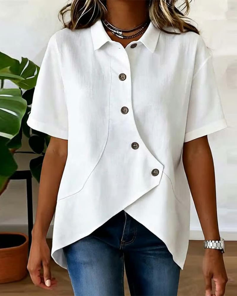 Julia - Asymmetric Cotton-Linen Button-Up Blouse