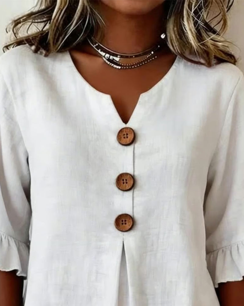 Beatrice | Solid-color cotton-linen blouses with wooden buttons and ruffles
