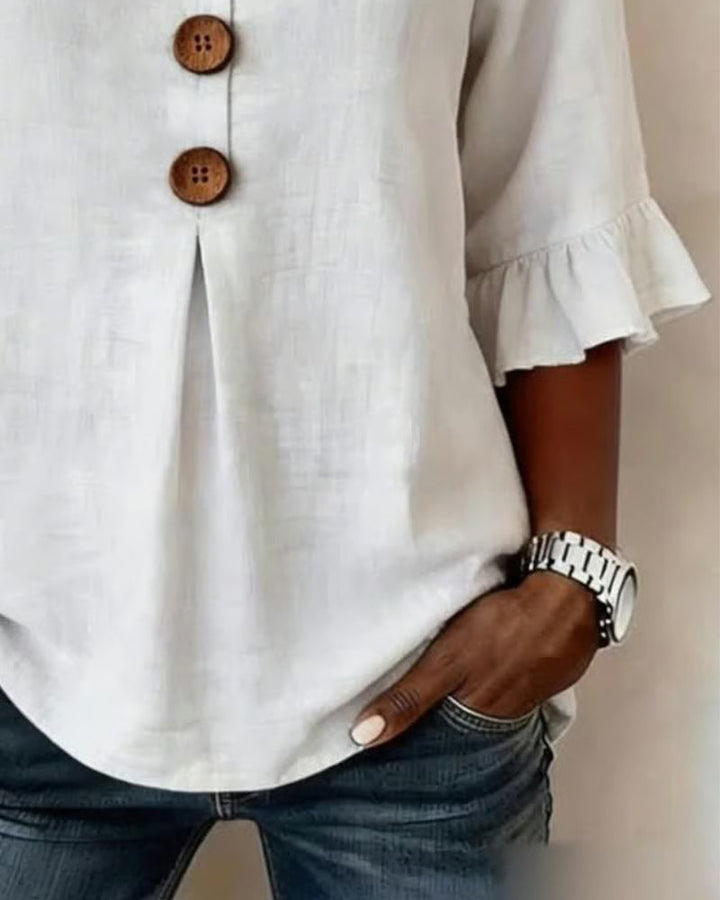 Beatrice | Solid-color cotton-linen blouses with wooden buttons and ruffles