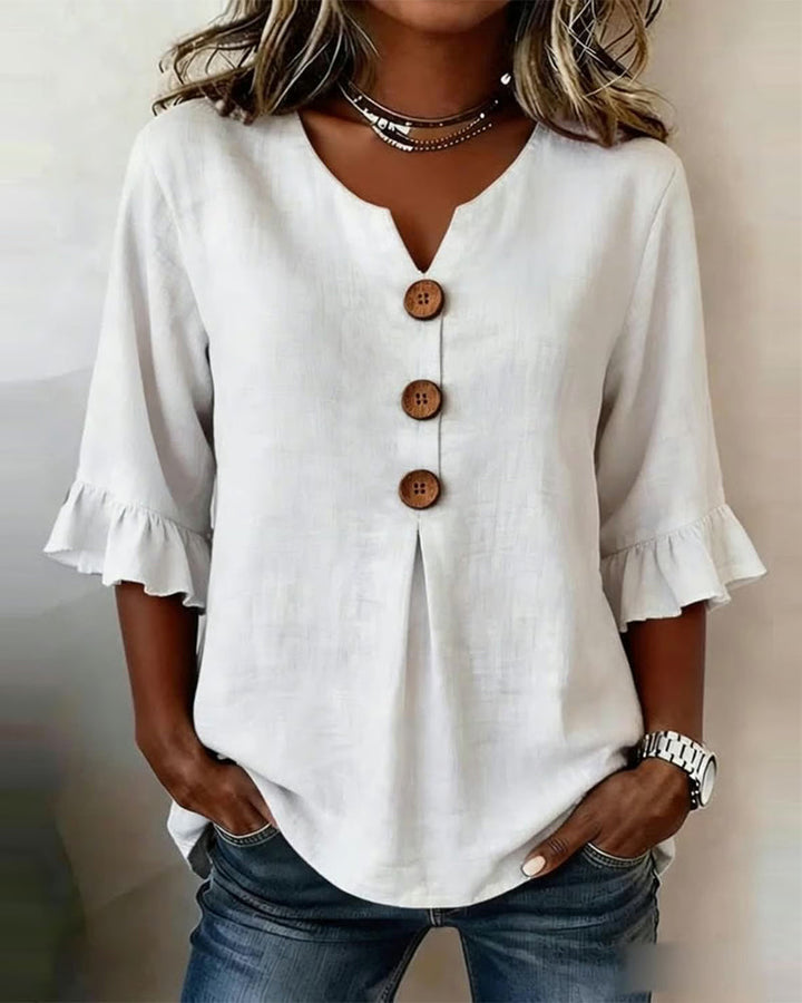 Beatrice | Solid-color cotton-linen blouses with wooden buttons and ruffles
