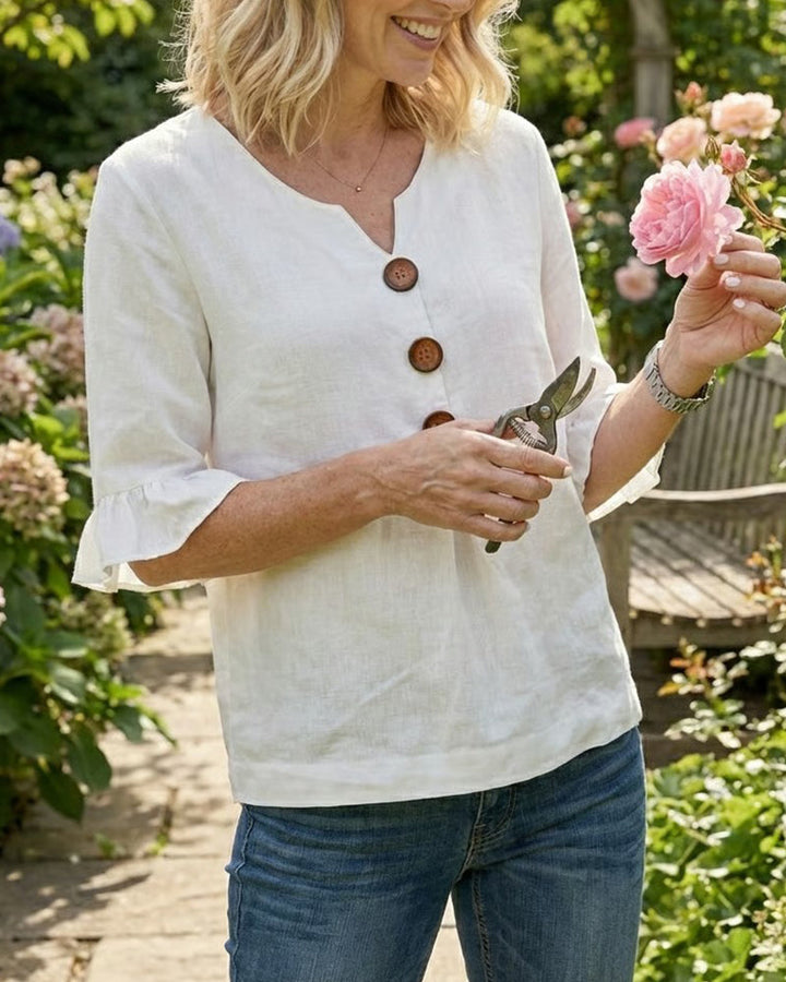 Beatrice | Solid-color cotton-linen blouses with wooden buttons and ruffles