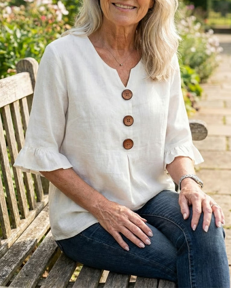 Beatrice | Solid-color cotton-linen blouses with wooden buttons and ruffles