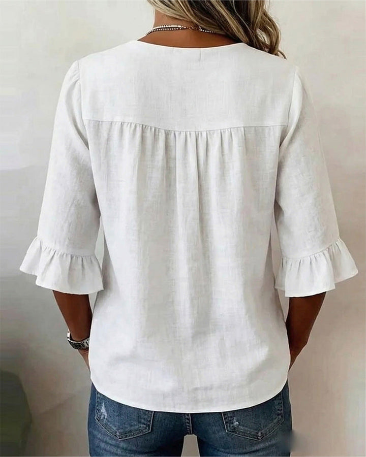 Beatrice | Solid-color cotton-linen blouses with wooden buttons and ruffles