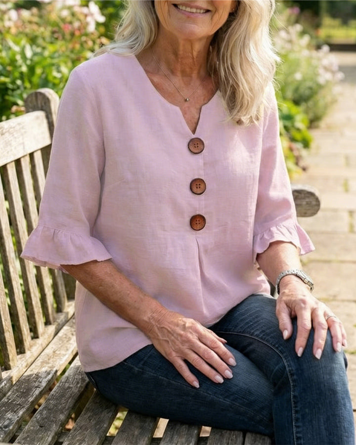 Beatrice | Solid-color cotton-linen blouses with wooden buttons and ruffles