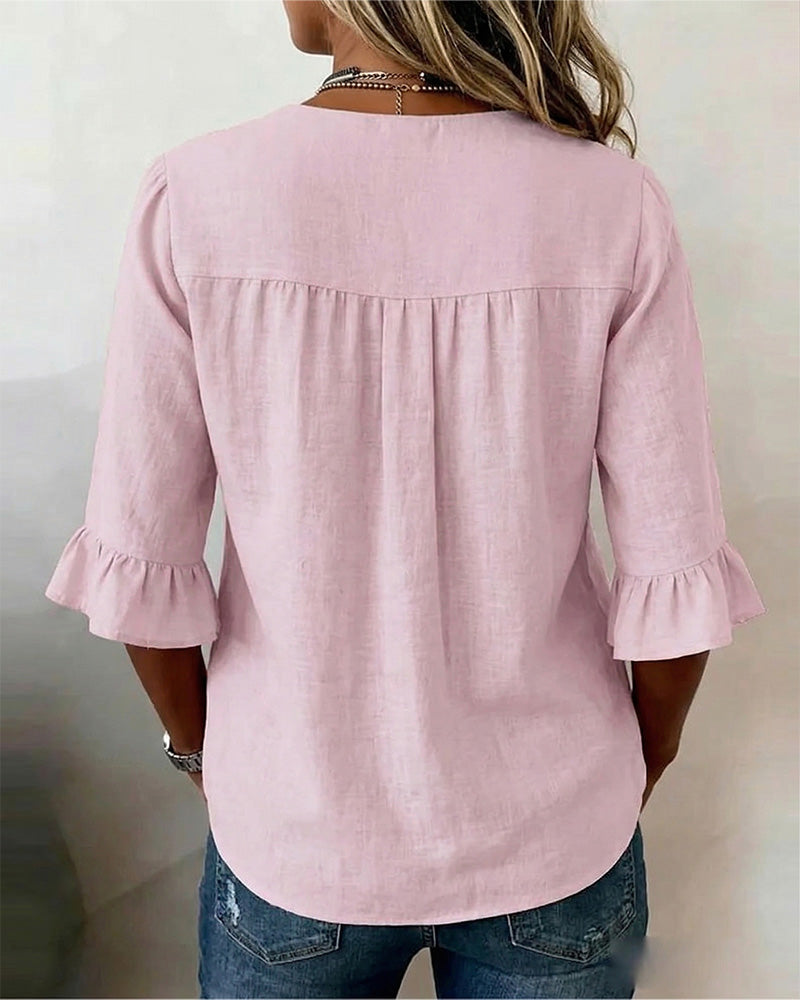 Beatrice | Solid-color cotton-linen blouses with wooden buttons and ruffles