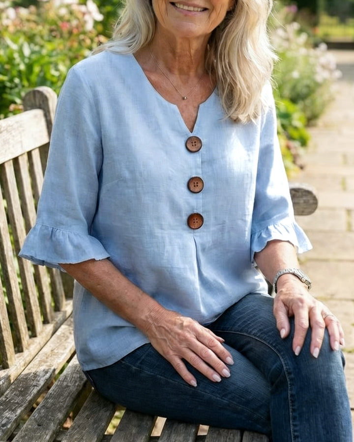 Beatrice | Solid-color cotton-linen blouses with wooden buttons and ruffles