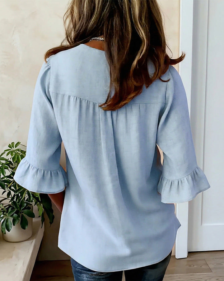 Beatrice | Solid-color cotton-linen blouses with wooden buttons and ruffles