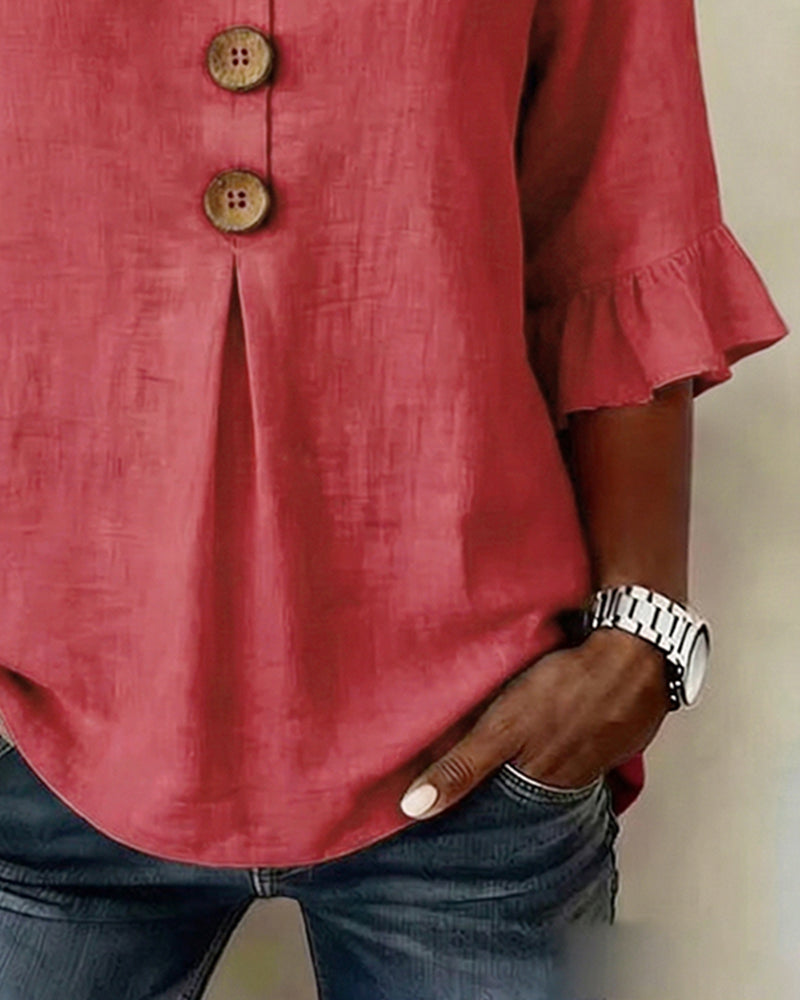 Beatrice | Solid-color cotton-linen blouses with wooden buttons and ruffles