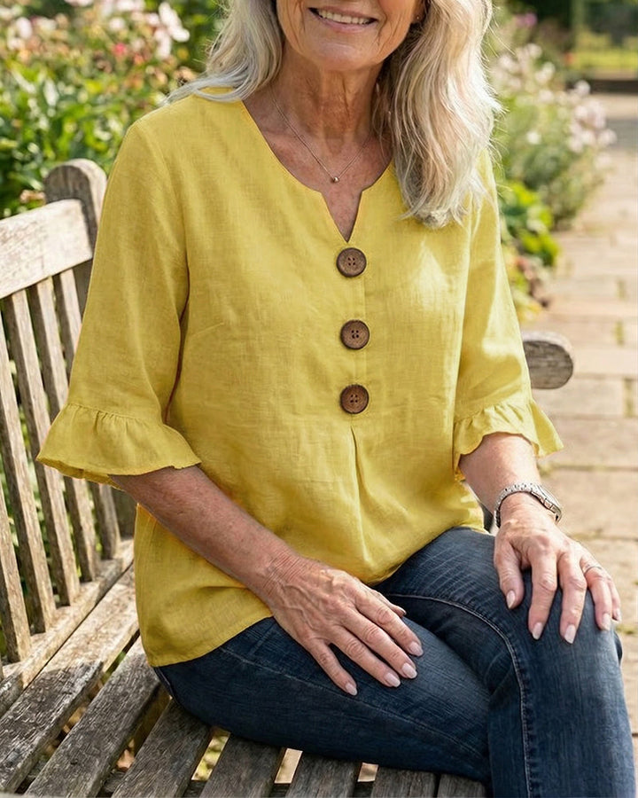 Beatrice | Solid-color cotton-linen blouses with wooden buttons and ruffles