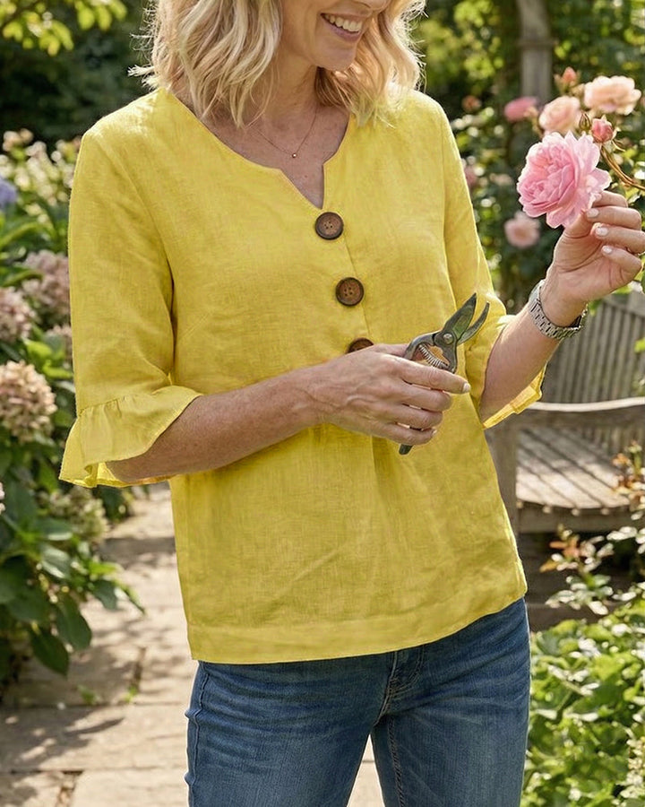 Beatrice | Solid-color cotton-linen blouses with wooden buttons and ruffles