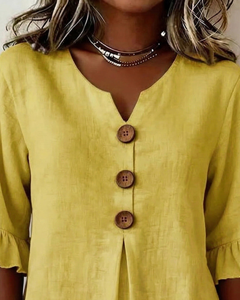 Beatrice | Solid-color cotton-linen blouses with wooden buttons and ruffles