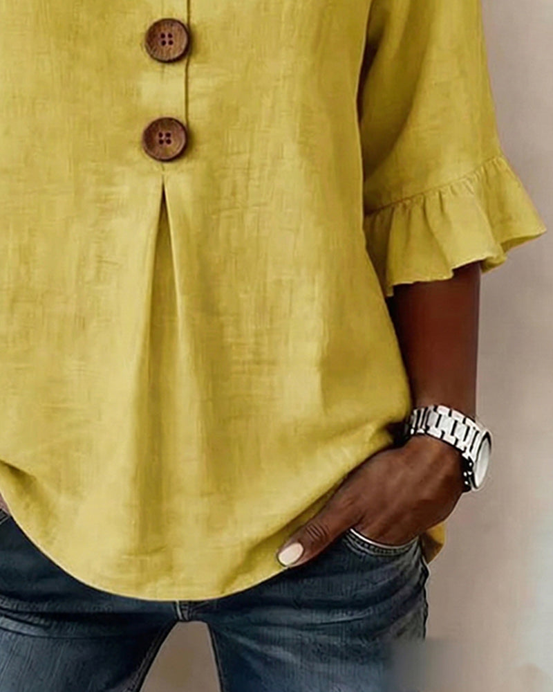Beatrice | Solid-color cotton-linen blouses with wooden buttons and ruffles