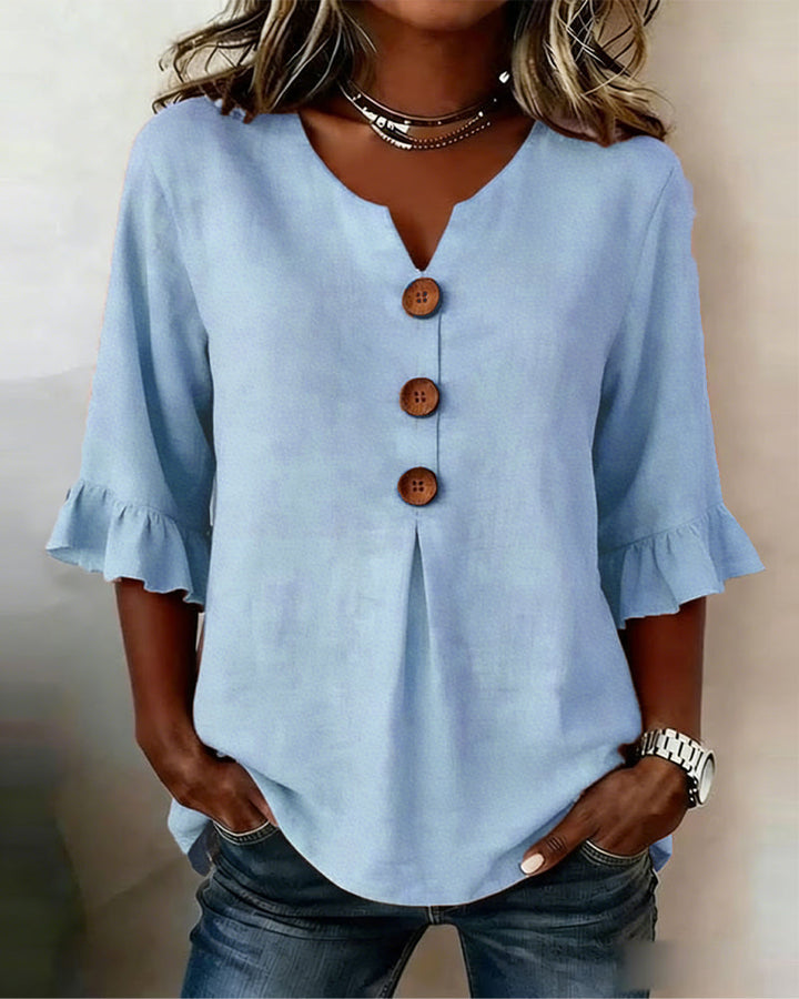 Beatrice | Solid-color cotton-linen blouses with wooden buttons and ruffles