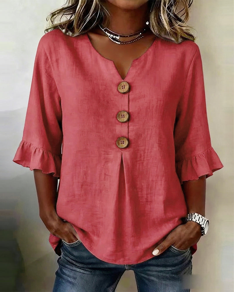 Beatrice | Solid-color cotton-linen blouses with wooden buttons and ruffles