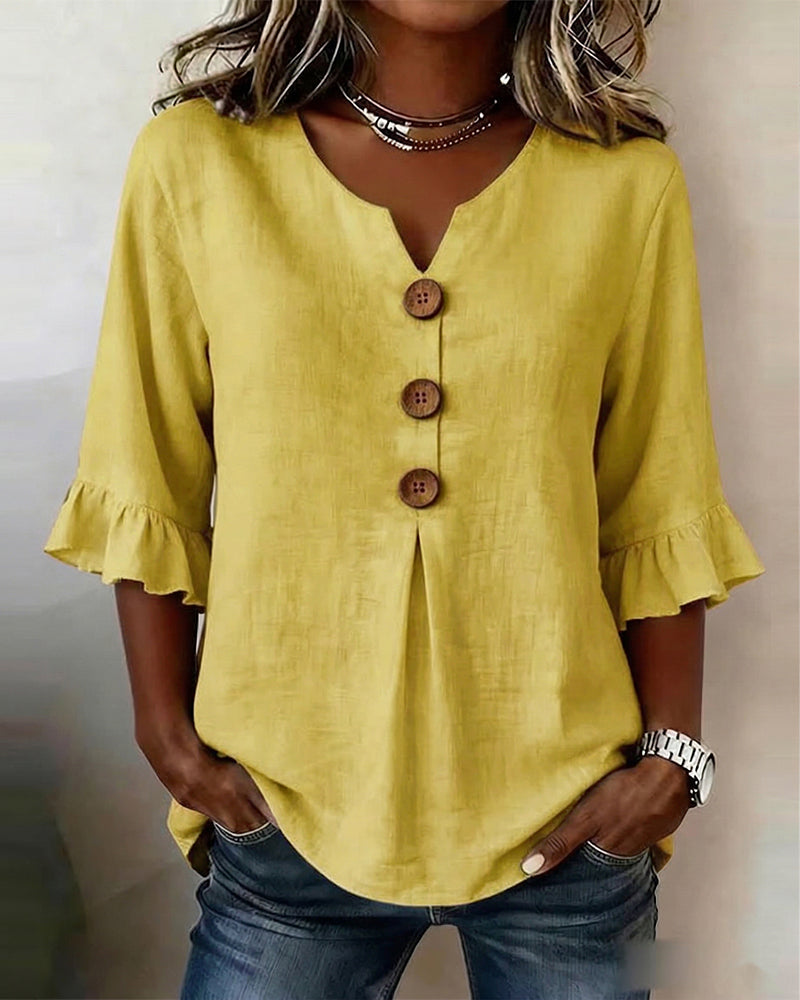 Beatrice | Solid-color cotton-linen blouses with wooden buttons and ruffles