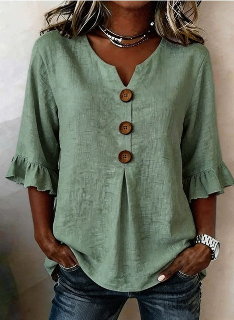 Beatrice | Solid-color cotton-linen blouses with wooden buttons and ruffles