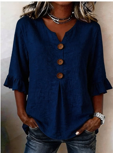 Beatrice | Solid-color cotton-linen blouses with wooden buttons and ruffles