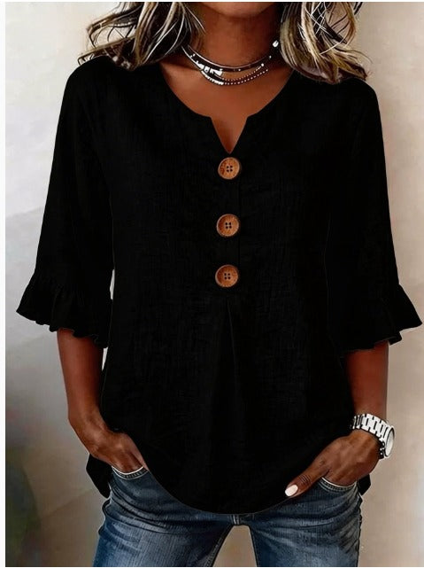 Beatrice | Solid-color cotton-linen blouses with wooden buttons and ruffles