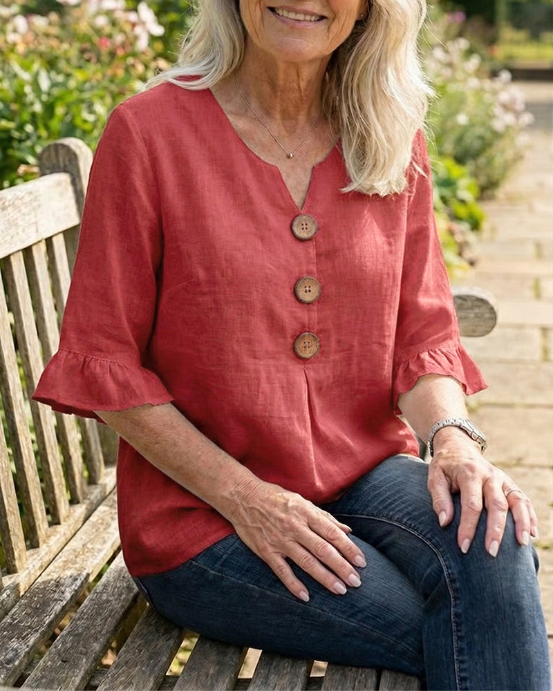 Beatrice | Solid-color cotton-linen blouses with wooden buttons and ruffles