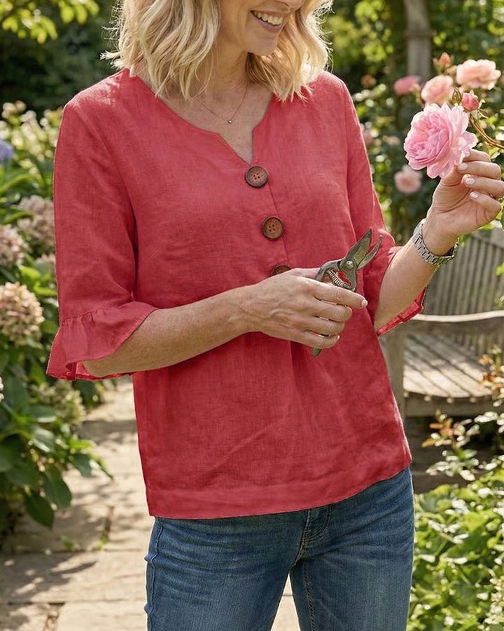 Beatrice | Solid-color cotton-linen blouses with wooden buttons and ruffles