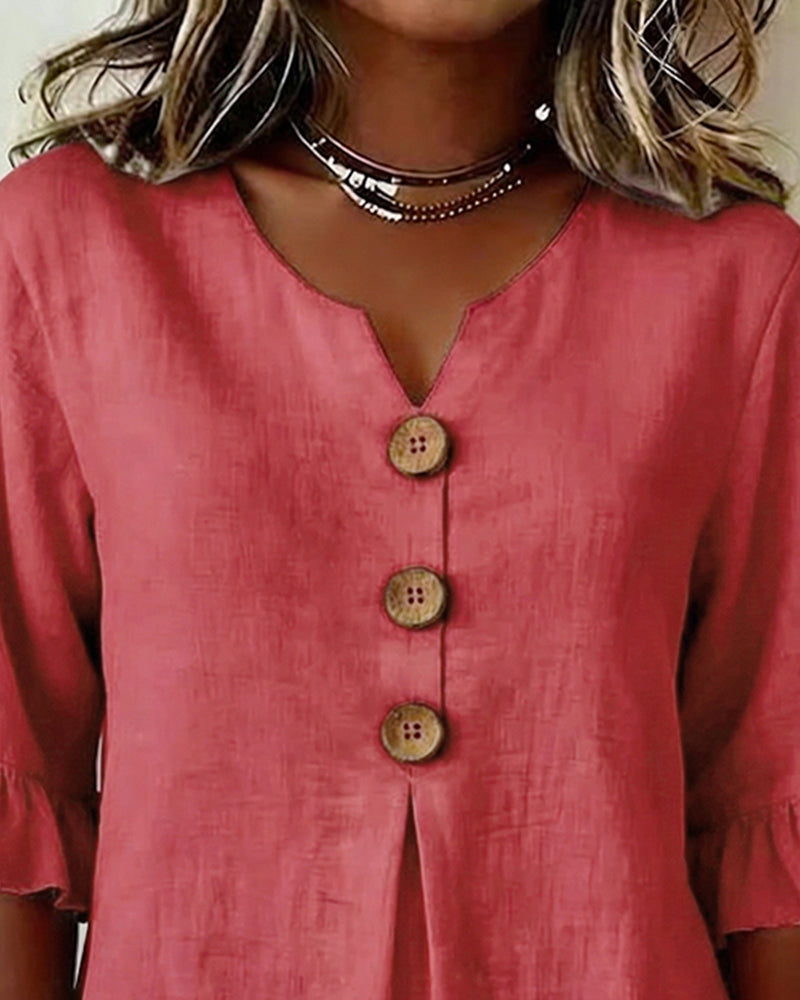 Beatrice | Solid-color cotton-linen blouses with wooden buttons and ruffles