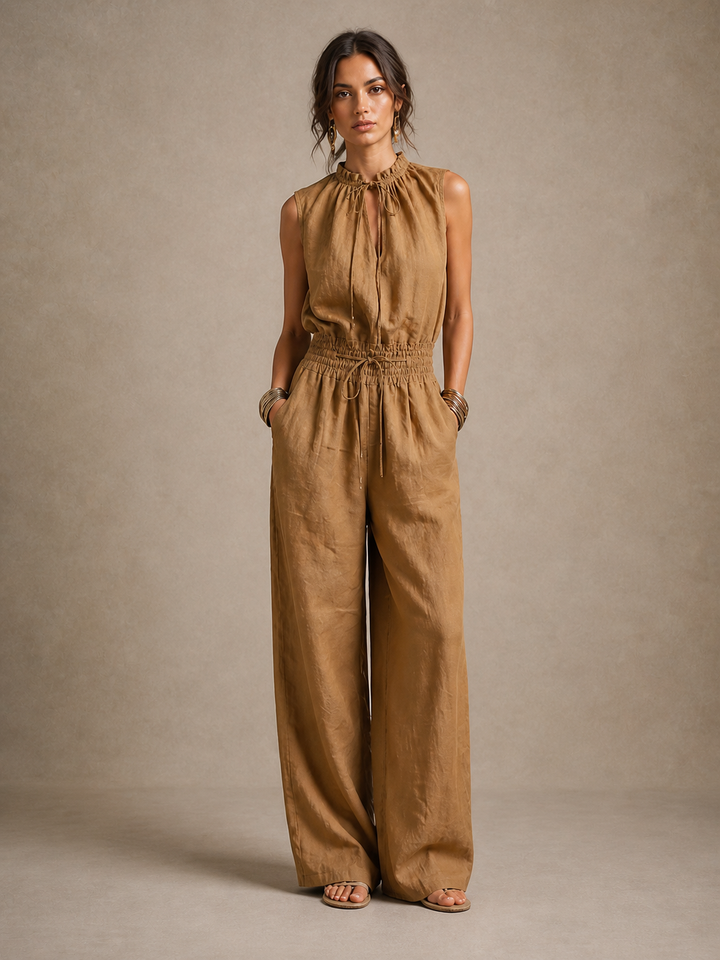 Emanuela | Camel-colored jumpsuit with a high, knotted neckline
