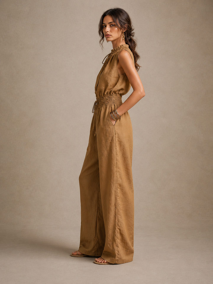 Emanuela | Camel-colored jumpsuit with a high, knotted neckline