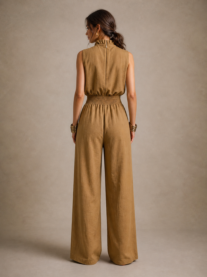 Emanuela | Camel-colored jumpsuit with a high, knotted neckline