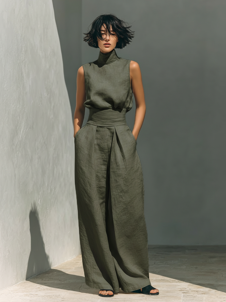 Emma | Sleeveless blouse and trousers in a cotton-linen blend.