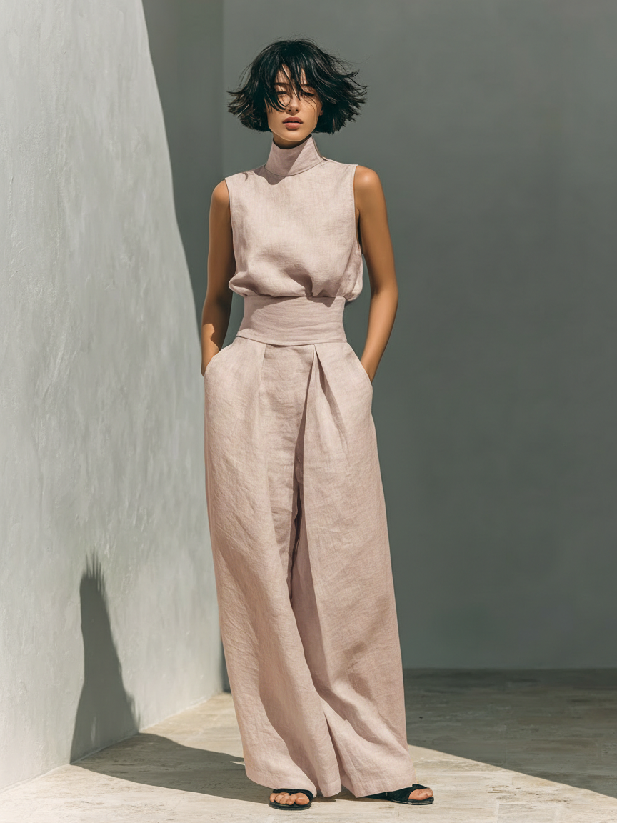 Emma | Sleeveless blouse and trousers in a cotton-linen blend.