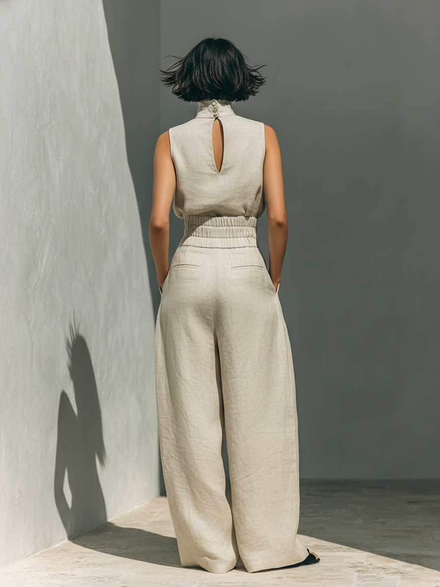 Emma | Sleeveless blouse and trousers in a cotton-linen blend.