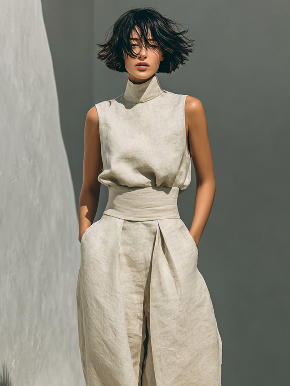 Emma | Sleeveless blouse and trousers in a cotton-linen blend.