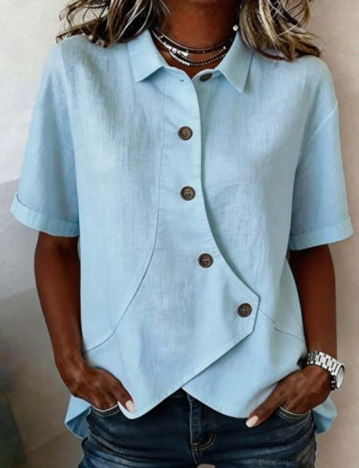 Julia - Asymmetric Cotton-Linen Button-Up Blouse