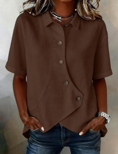 Julia - Asymmetric Cotton-Linen Button-Up Blouse