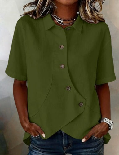 Julia - Asymmetric Cotton-Linen Button-Up Blouse