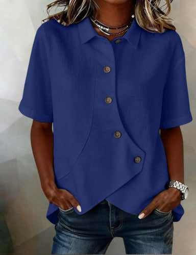Julia - Asymmetric Cotton-Linen Button-Up Blouse
