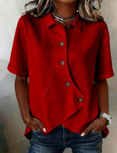 Julia - Asymmetric Cotton-Linen Button-Up Blouse