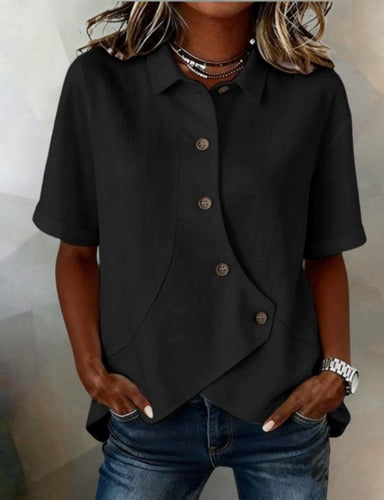 Julia - Asymmetric Cotton-Linen Button-Up Blouse