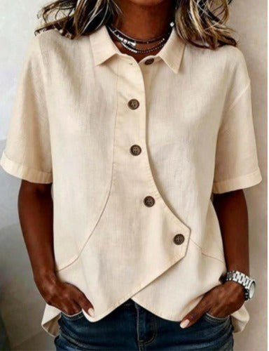 Julia - Asymmetric Cotton-Linen Button-Up Blouse