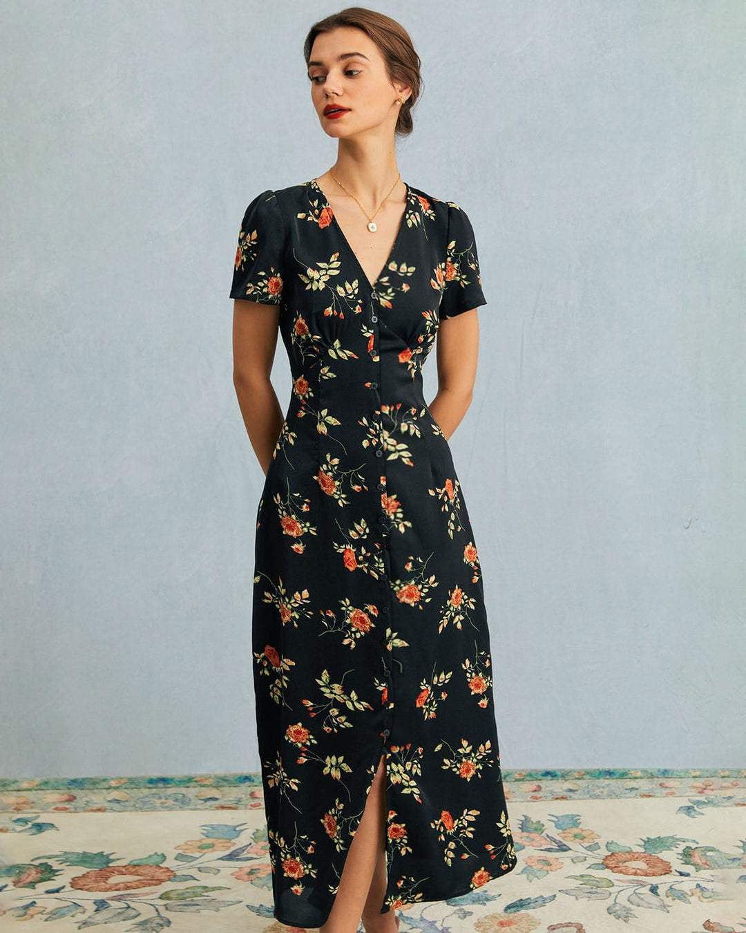 Hannah | Black V Neck Short Sleeve Dress