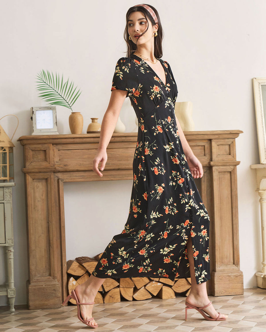 Hannah | Black V Neck Short Sleeve Dress