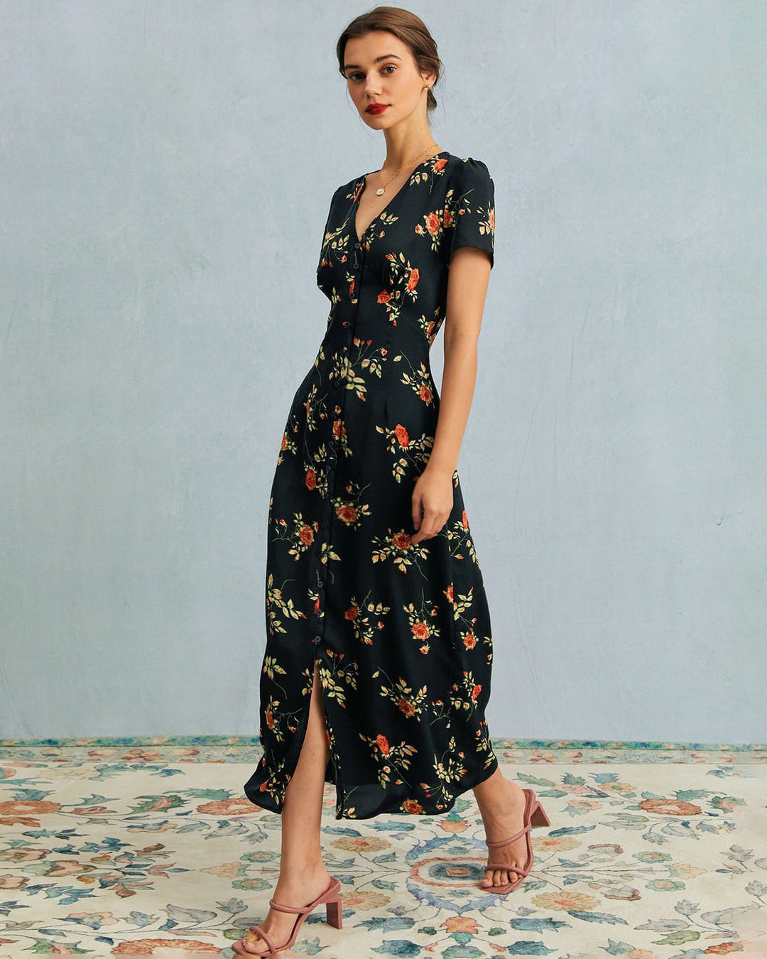 Hannah | Black V Neck Short Sleeve Dress