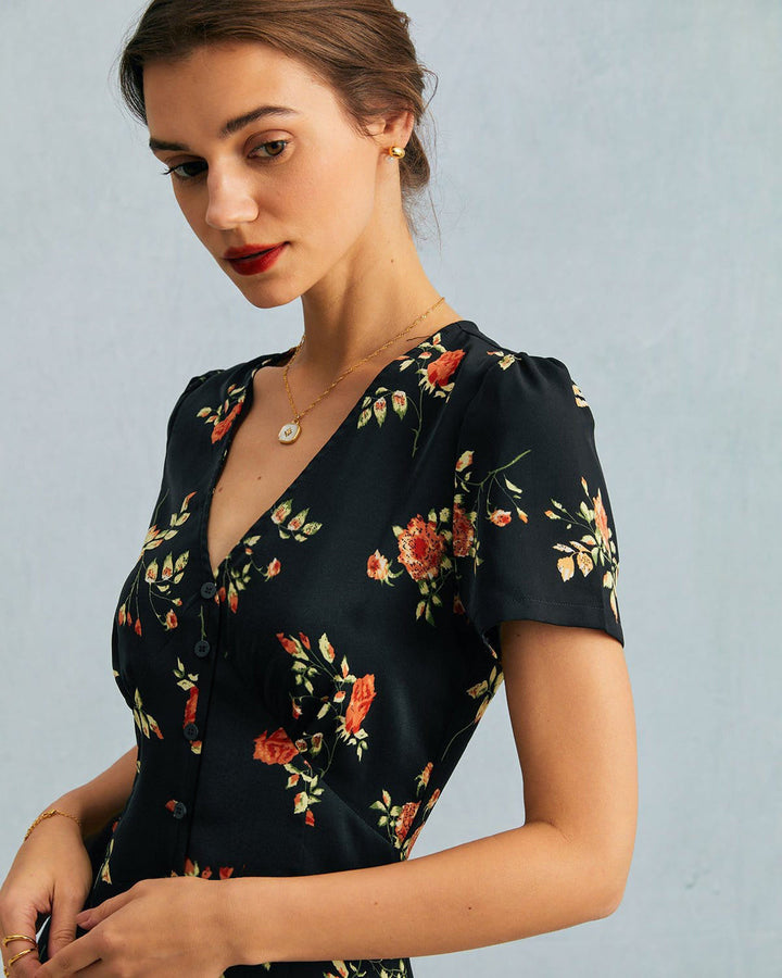 Hannah | Black V Neck Short Sleeve Dress